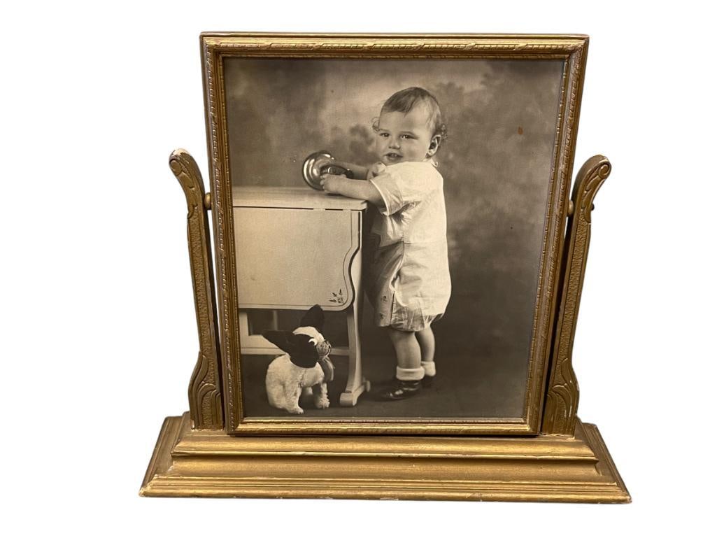 ANTIQUE WOOD FRAME TABLE TOP SWIVEL PICTURE FRAME FEATURING BLACK AND WHITE PHOTO OF CHILD (1 of 9)