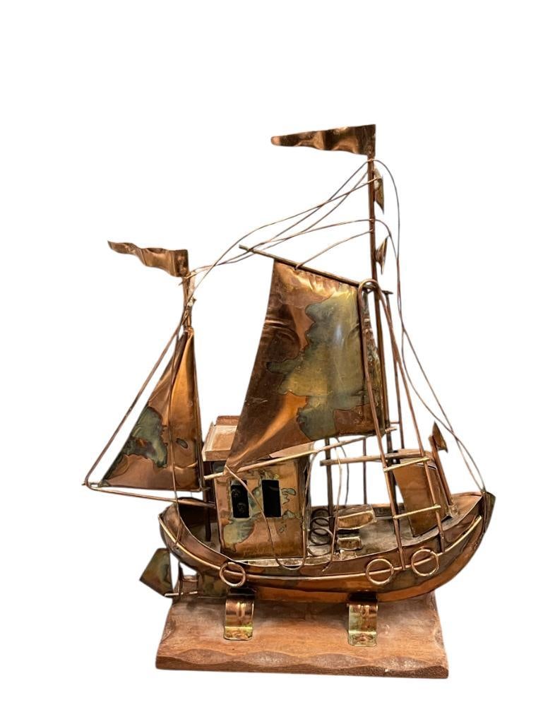 VINTAGE 1970'S COPPER METAL ART FISHING BOAT WIND-UP MUSICAL FIGURE: MOUNTED ON WOODEN BASE 12 1/2" H