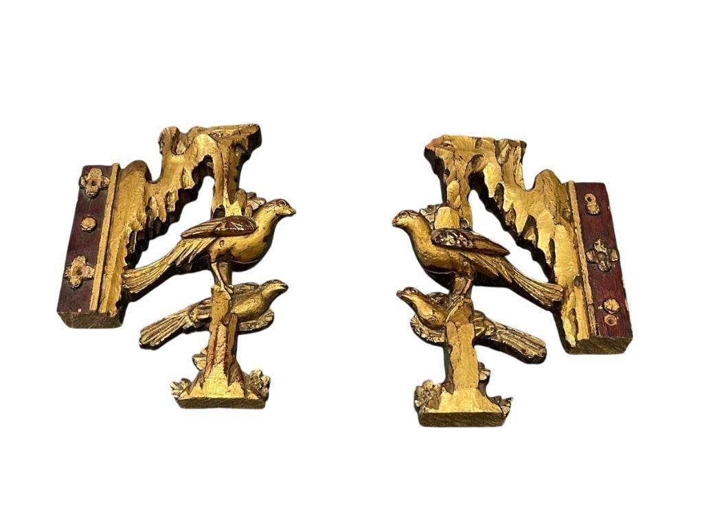 ANTIQUE HAND CARVED WOOD AND GILDED BIRD ARCHITECTURAL BRACKETS: DAMAGE TO THE BEAKS, SEE PHOTOS 6 5/8" X 9 1/4"