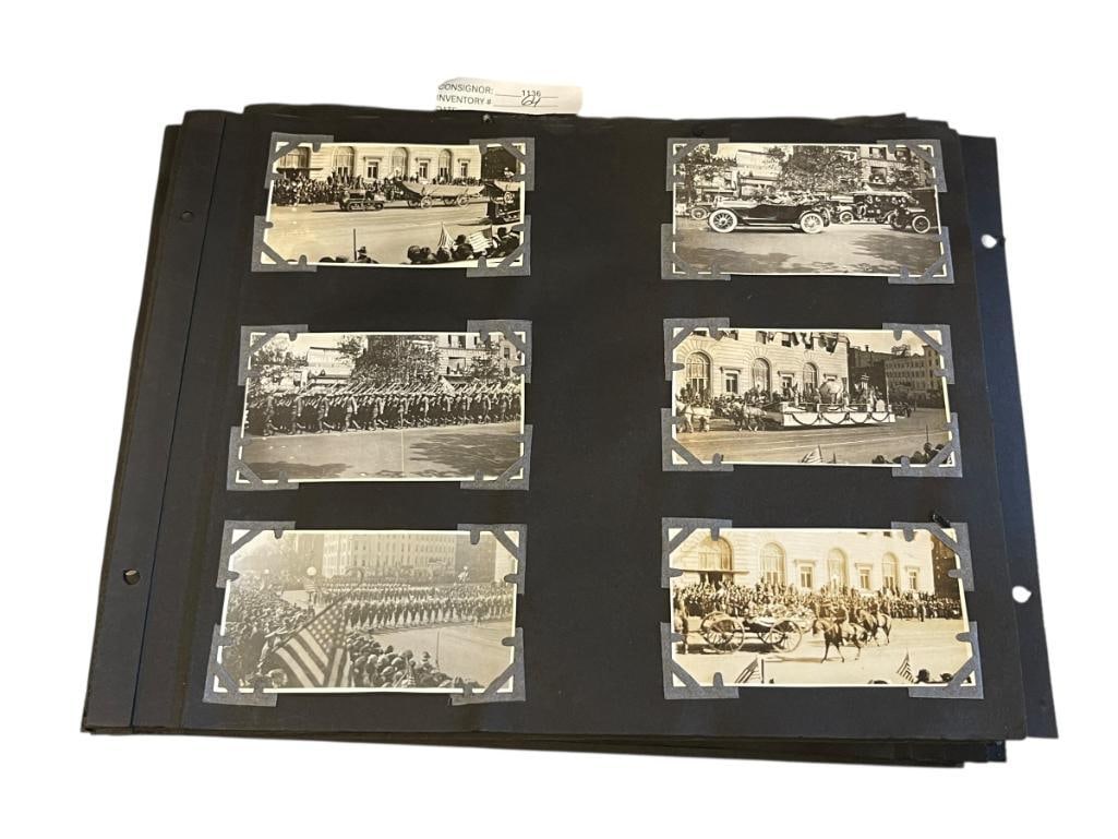 INCREDIBLE PHOTO ALBUM FILLED WITH PHOTOGRAPHS OF WWI TROOPS, WOODROW WILSON, MONUMENTS: INCLUDES MANY PHOTOGRAPHS OF WWI TROOPS, AMERICAN MONUMENTS / LANDMARKS SUCH AS STATUE OF LIBERTY, WHITE HOUSE, VEHICLES, SHIPS, ETC CIRCA 1919 THROUGH 1920'S BLACK AND WHITE PHOTOGRAPHS, OVER 160 PLU