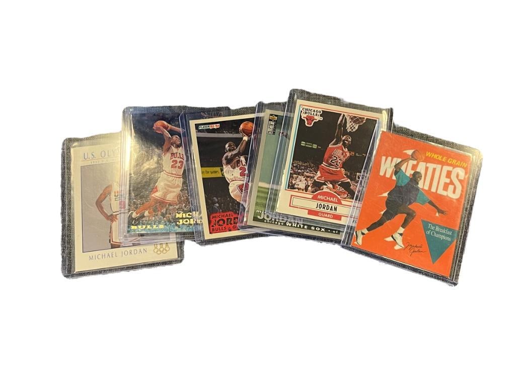 VARIETY OF MICHAEL JORDAN CARDS WHITE SOX AND BULLS AND OLYMPICS: CARDS APPEAR TO BE IN GREAT CONDITION, ALL ARE IN PROTECTIVE COVERS 4" X 3" IN COVERS