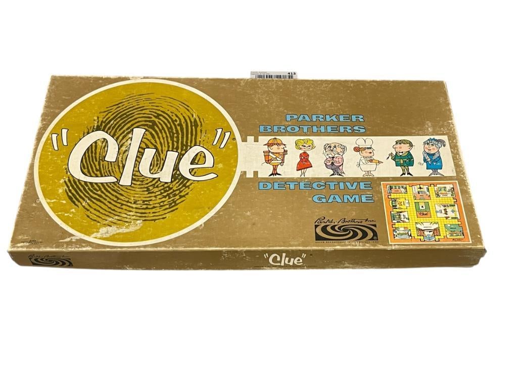 1963 CLUE PARKER BROTHERS DETECTIVE GAME: APPEARS COMPLETE WITH GAME PIECES, UNMARKED SCORING SHEETS, GAME BOARD, AND INSTRUCTIONS, ALL IN ORIGINAL BOX