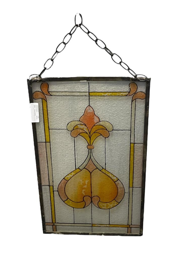 VINTAGE FAUX STAINED GLASS STYLE GLASS PANEL WITH MEAL FRAME: SHOWS SOME WEAR TO COLORS 14 1/2" X 23 3/4"