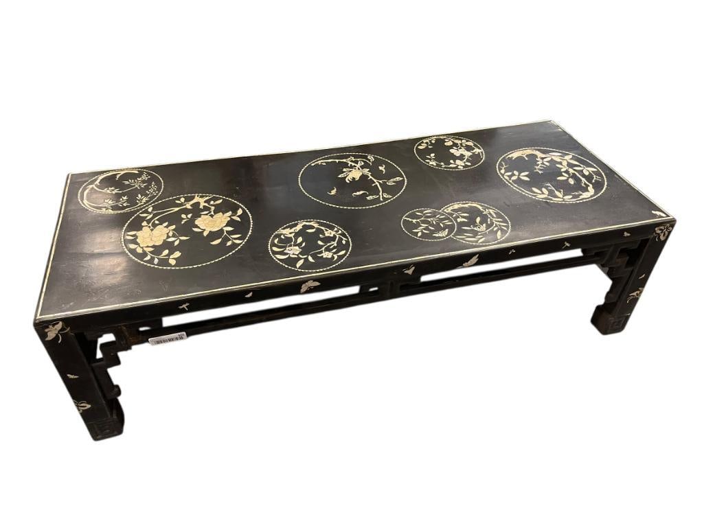 VINTAGE BLACK LACQUERED CHINOSERIE RECTANGULAR TEA TABLE WITH FLORAL MOTERH OF PEARL INLAY: RECTANGULAR TABLE WITH TRADITIONAL DESIGN LEGS, FLORAL DESIGN IN ROUND MEDALLIONS ON TOP OF TABLE, SOME WEAR SEE PHOTOS 50" X 19 1/2" X 14"