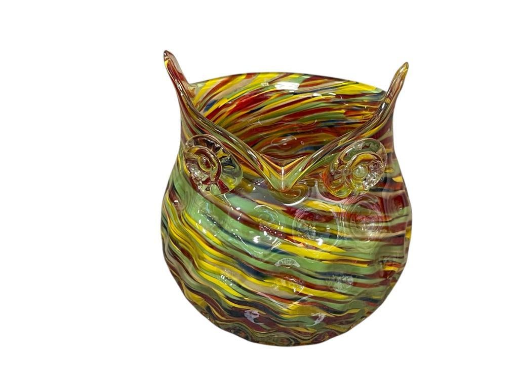 HAND BLOWN ART GLASS OWL BOWL MULTICOLOR SWIRL: APPLIED EYES, POLISHED PONTIL 6 1/4" H