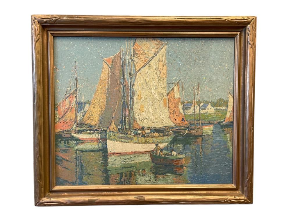EDGAR ALWIN PAYNE WESTERN AMERICAN PAINTER OIL SERIGRAPH ON MASONITE BOARD BRITTANY BOATS: EDGAR ALWIN PAYNE (1883-1947) WAS A WESTERN AMERICAN ARTIST KNOWN FOR HIS MURALS AND WESTERN LANDSCAPES, ART DEPICTS BOATS DOCKED IN A HARBOR WITH BUILDINGS IN THE BACKGROUND, SIGNED LOWER LEFT 28 1/2