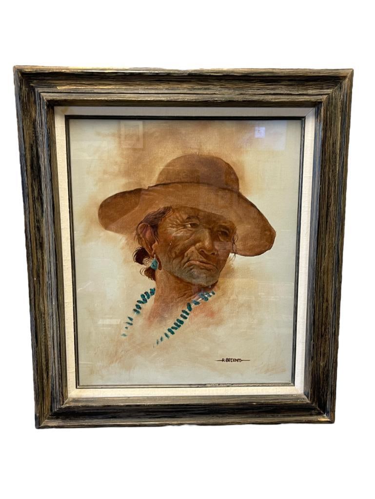 ROBERT BECENTI NEW MEXICO SILVERSMITH AND ARTIST ORIGINAL OIL ON CANVAS PAINTING TITLED NAVAJO MAN (1 of 10)