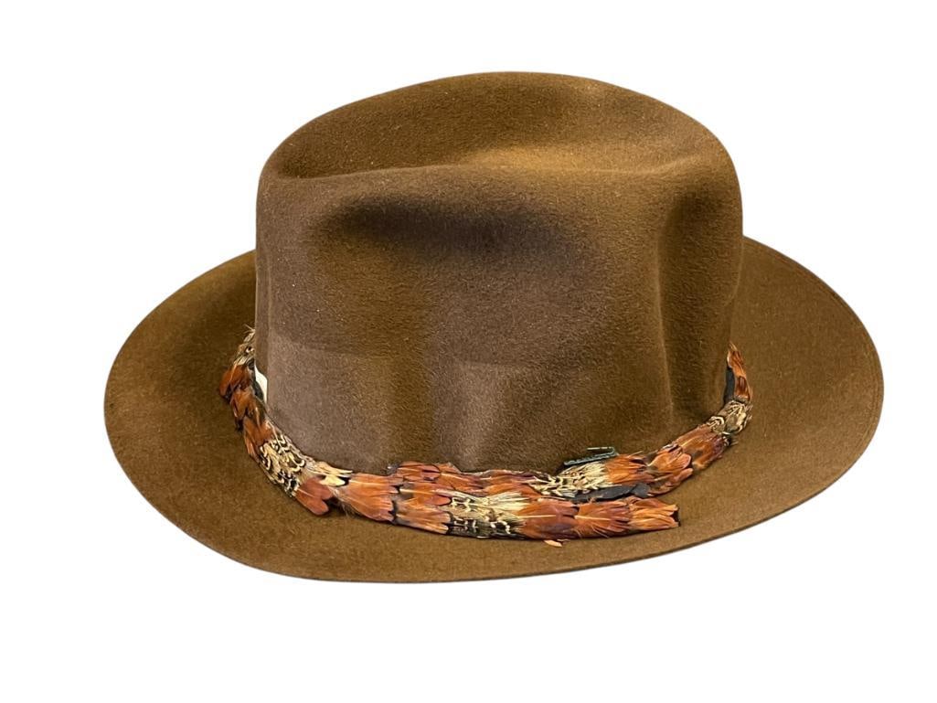 STETSON IMPERIAL WOOL FELT EVERETT FEDORA IN NUGAT COLOR WITH FEATHER HAT BAND SIZE 7 (1 of 7)