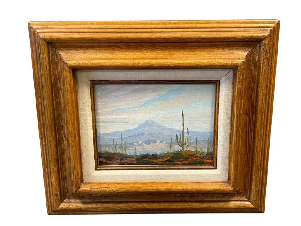 SIGNED ORIGINAL OIL ON BOARD PAINTING DESERT LANDSCAPE SAGUARO CACTI AND MOUNTAINS (1 of 6)