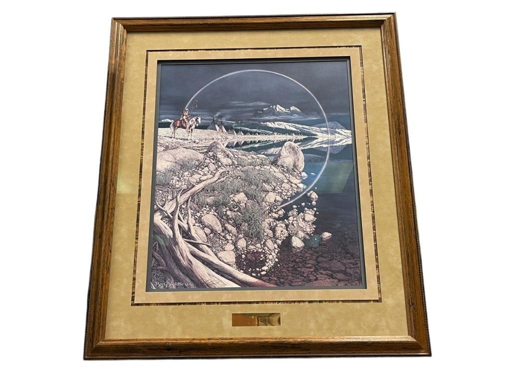 BEV DOOLITTLE WILDLIFE AND NATIVE AMERICAN ARTIST LIMITED EDITION PRINT THE SENTINEL: BEV DOOLITTLE LIMITED EDITION ART, ART DEPICTS REFLECTIVE ILLUSTRATION OF NATIVE AMERICAN MAN ON HORSEBACK NEAR AN INDIAN CAMP, NO. 11,227/35,000, PUBLISHED BY GRENWICH WORKSHOP, FRAMED BY LYMAN GALLE