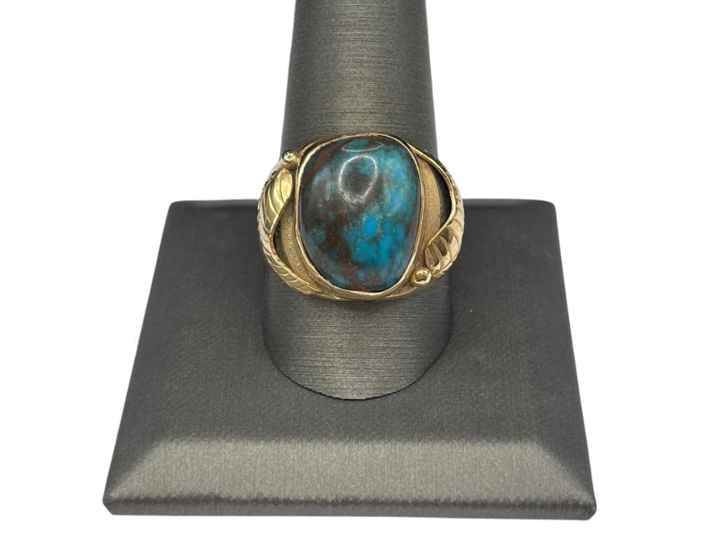 VINTAGE MEN'S ESEMCO 14K YELLOW GOLD TURQUOISE RING FEATURING FIGURAL FEATHER ACCENT ON EACH SIDE (1 of 7)