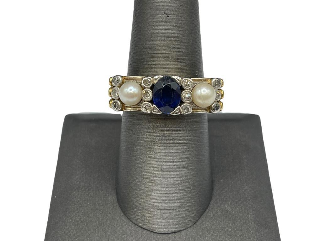 MEN'S 14K YELLOW GOLD BLUE SAPPHIRE, DIAMOND, AND PEARL RING (1 of 9)