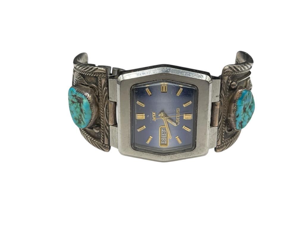 VINTAGE NAVAJO NATIVE AMERICAN SIGNED STERLING SILVER TURQUOISE WATCH TIPS WITH SEIKO WATCH (1 of 8)