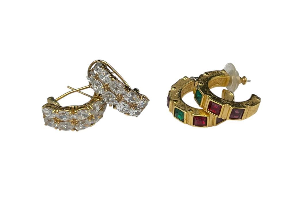 PAIR OF GOLD TONE STERLING SILVER CZ EARRINGS AND SWAROVSKI CRYSTAL EARRINGS: OMEGA LEVER BACKS ON GOLD TONE STERLING EARRINGS, SWAROVSKI EARRINGS DO NOT HAVE ORIGINAL BACKS 10.16 GRAMS OF STERLING, 1" EACH