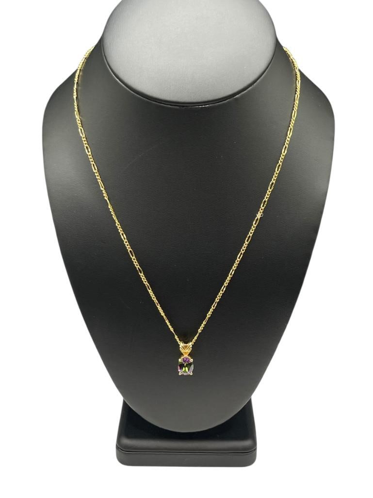 14K YELLOW GOLD OVAL CUT MYSTIC TOPAZ PENDANT ON GOLD TONE NECKLACE: 19" NECKLACE, 3/4" PENDANT, APPROX. 3CTS TOPAZ, 3.0 GRAM PENDANT