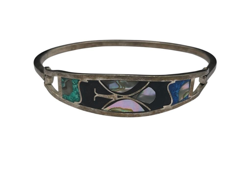 VINTAGE STERLING SILVER INLAID ABALONE SHELL, ONYX, AND MORE BRACELET (1 of 7)