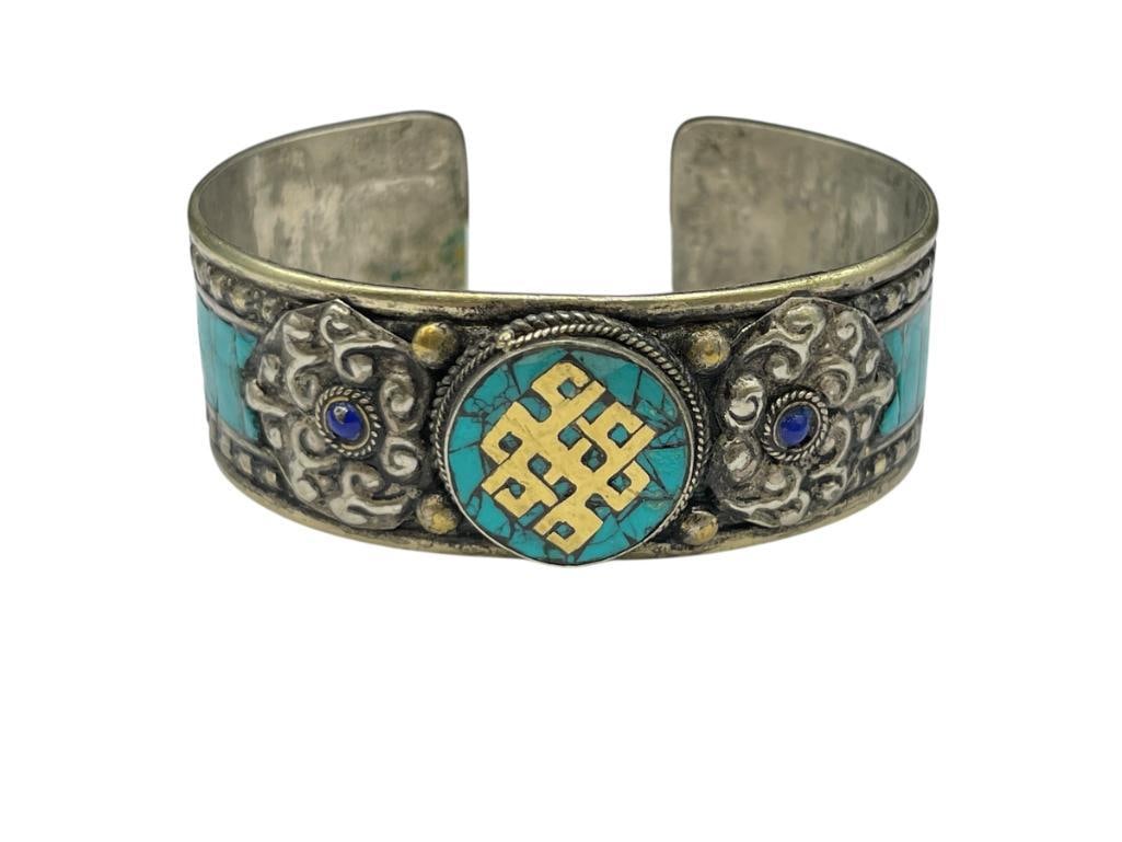 SILVER TONED MIDDLE EASTERN DESIGN CUFF BRACELET FEATURING TURQUOSE COLORED INLAID STONES (1 of 7)
