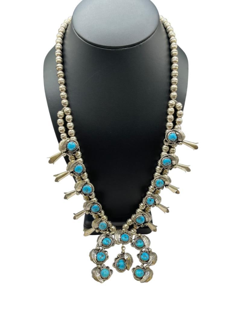 NAVAJO NATIVE AMERICAN SIGNED STERLING SILVER TURQUOISE SQUASH BLOSSOM NECKLACE (1 of 11)