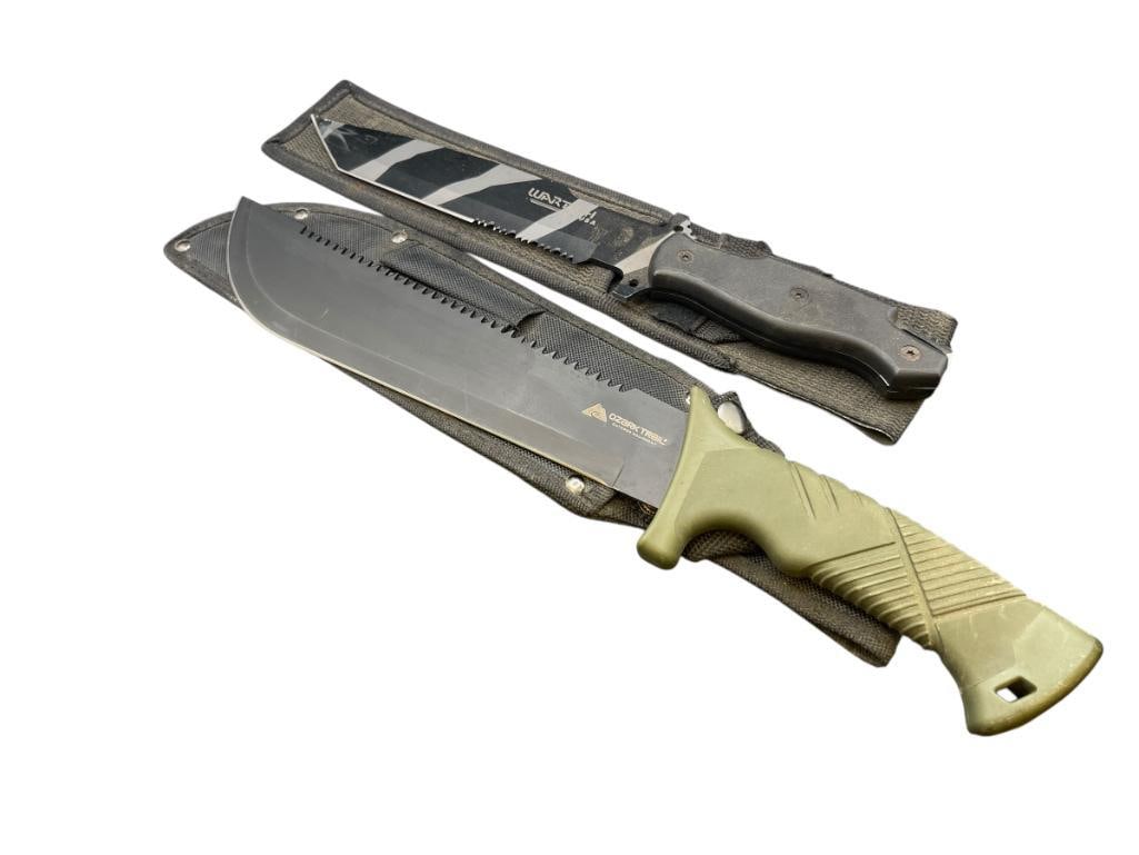 OZARK TRAIL OUTDOOR MACHETE WITH SERATED BACK EDGE AND WARTECH FIXED BLADE KNIFE WITH SERATED BLADE: BOTH INCLUDE NYLON SHEATHS AND FEATURE BLACK STEEL BLADES LARGEST IS 10" BLADE WITH 16" TOTAL LENGTH