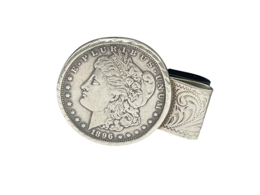 1896 U.S. MORGAN SILVER DOLLAR ENCASED IN STERLING SILVER MONEY CLIP "TRUE SPORTSMAN 1996 AA CLASS" (1 of 7)
