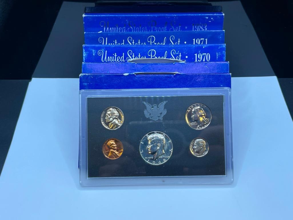 FIVE U.S. PROOF SETS INCLUDING TWO FROM 1968 WHICH FEATURE A 40% SILVER KENNEDY HALF DOLLAR IN EACH (1 of 7)