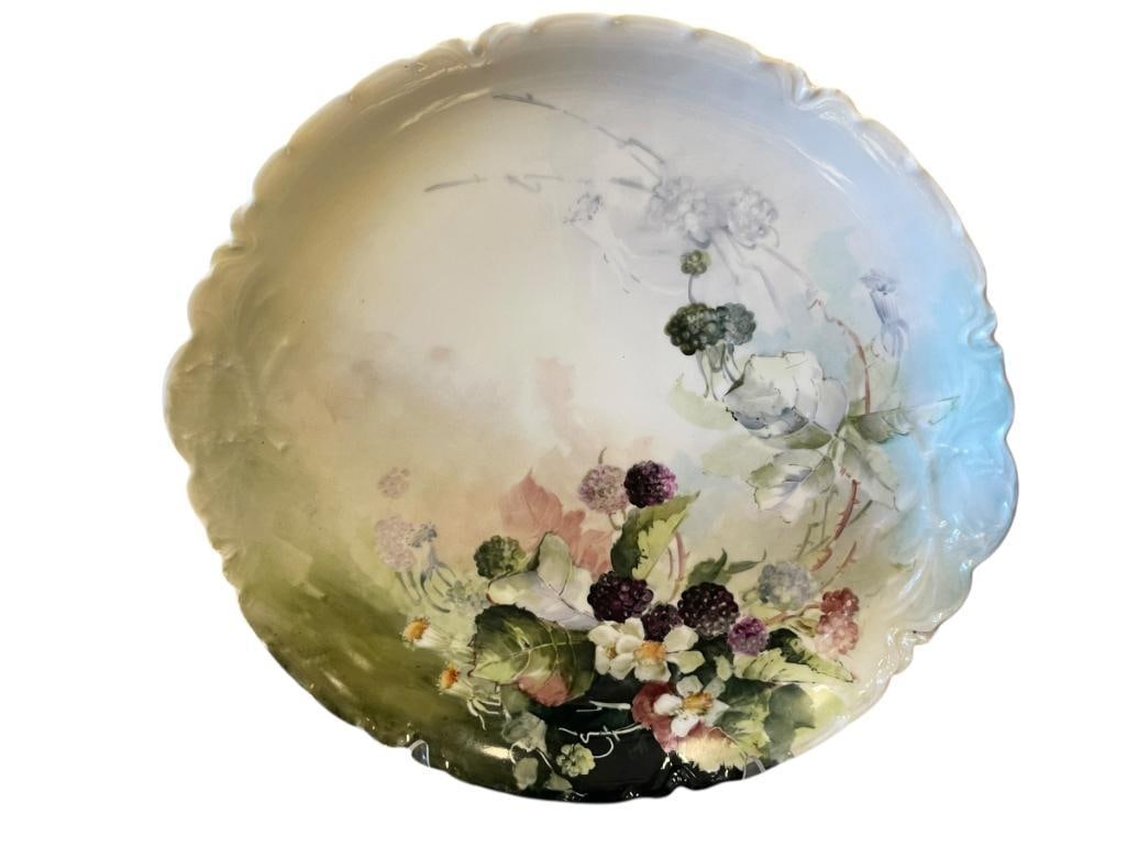 ANTIQUE HAVILAND LIMOGES HAND PAINTED FEENCH PORCELAIN PLATE WITH BLACKBERRIES AND FLOWERS: MADE IN FRANCE 12 1/4" DIA.