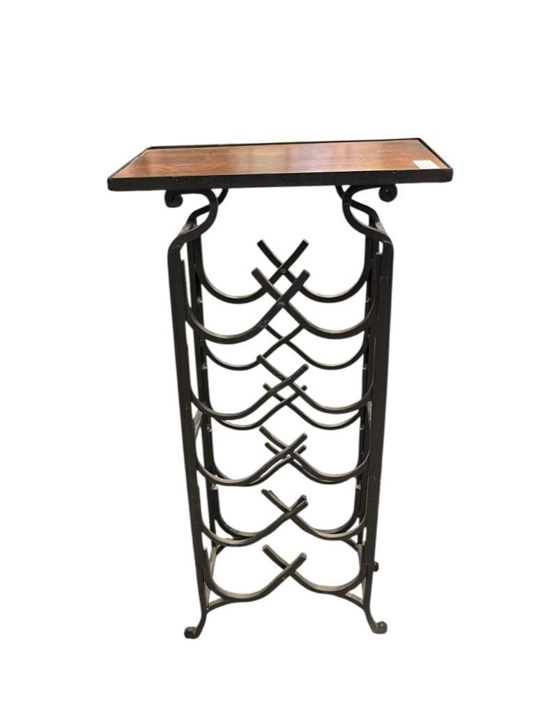 IRON AND WOOD 10 BOTTLE STANDING WINE RACK WITH TABLETOP: GOOD CONDITION, SLIGHT WEAR FROM USE, STURDY AND HEAVY 36" X 18" X 10 1/2"