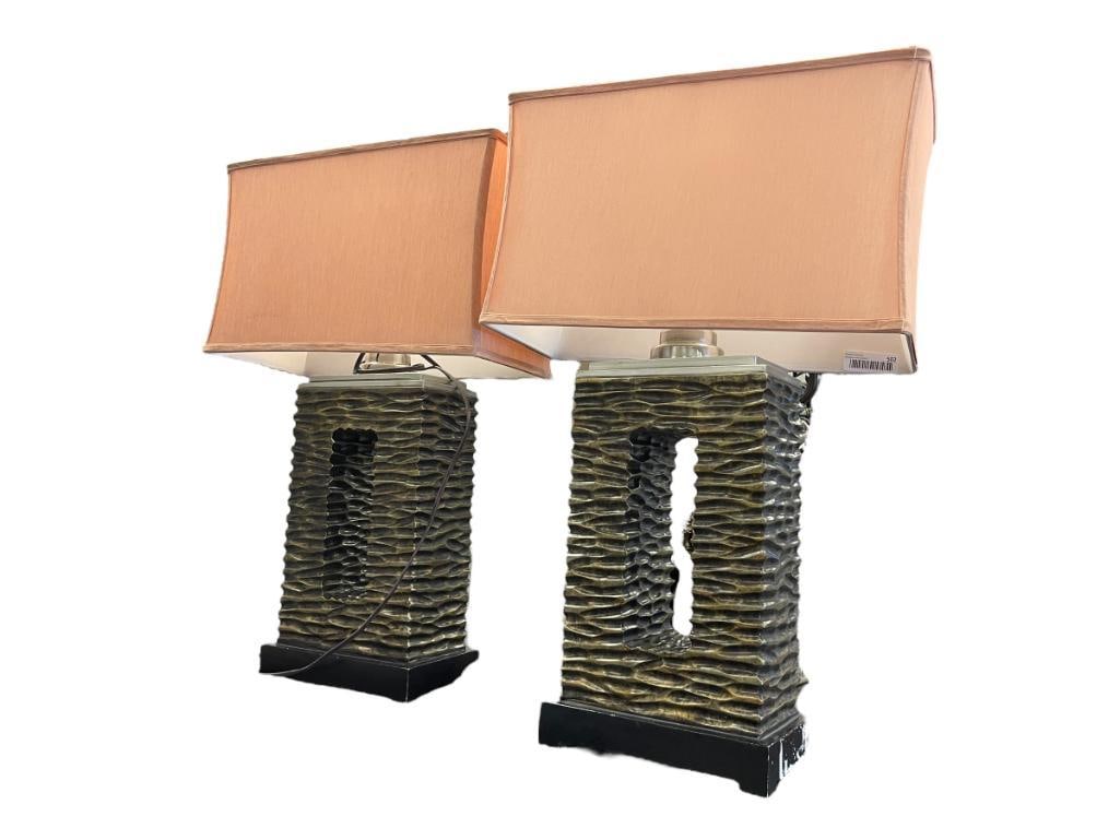 PAIR OF HEAVY CERAMIC BRONZE TEXTURED RECTANGLE TABLE LAMPS (1 of 2)