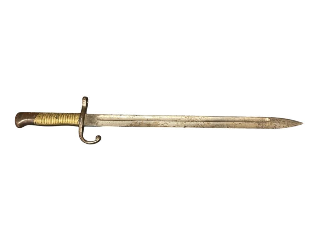 M1891 PRE-WWII ARGENTINE MAUSER BAYONET WITH STEEL BLADE MFD. BY WEYERSBERG & KIRSCHBAUM & CO.: STEEL BLADE WITH BRASS GRIP, SERIAL B5894 20 1/2" TOTAL LENGTH