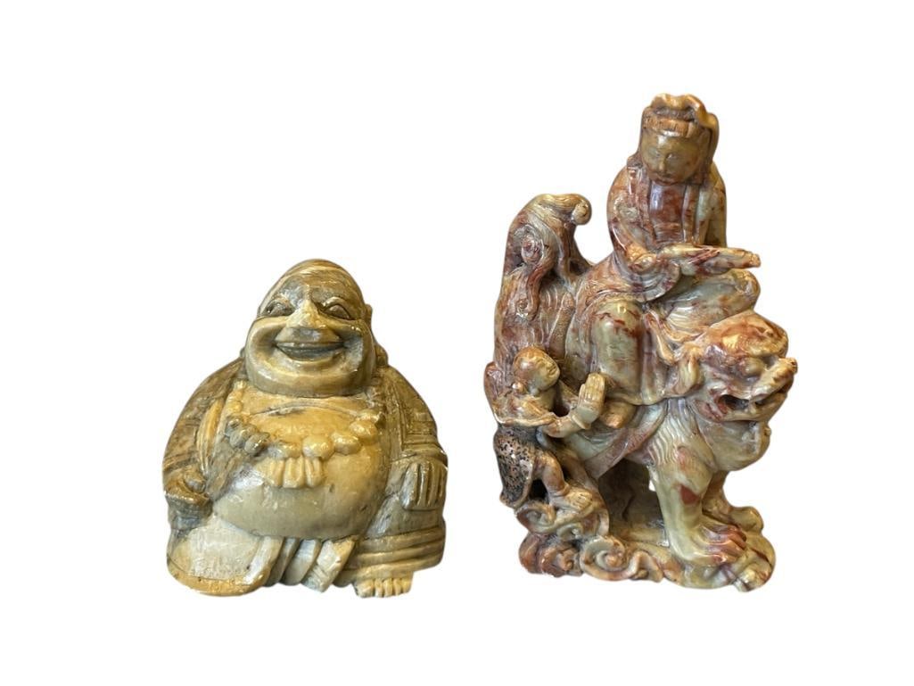 VINTAGE CHINESE STONE CARVINGS LAUGHING BUDDHA AND WOAMN ON FOO DOG (1 of 11)
