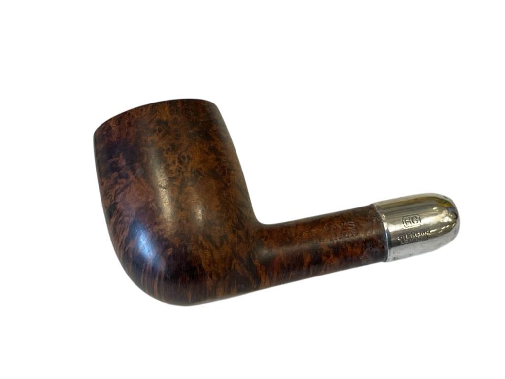 COMOY'S TRADITION TOBACCO SMOKING PAIPE WITH STRAIGHT STEM AND HC STERLING SILVER STEM BAND: HALLMARK ON SILVER STEM BAND, MISSING STEM 3 1/8" L