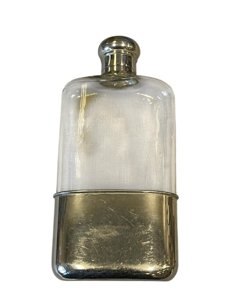 20TH CETURY GLASS FLASK WITH SILVER PLATE TOP AND REMOVABLE BOTTOM CAP: BOTTOM CAP HAS "R" HALLMARK 7 3/4" H