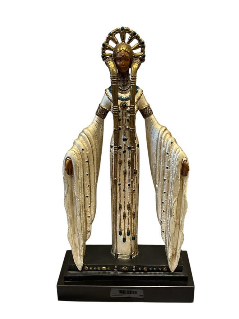 ERTE ROMAIN DE TIROFF FRENCH ARTIST BYZANTINE LIMITED EDITION BRONZE ART DECO SCULPTURE CIRCA 1987: MARKED ON BACK SIDE OF THE BASE 1987 CHALK & VERMILION AND SERVANTS, NO. 334/375, SQUARE STEPPED BASE, COLD PAINTED BRONZE, DEPICTS WOMAN STANDING IN ART DECO PERIOD ATTIRE HOLDING ARMS FROM HER S