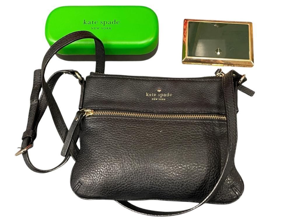 KATE SPADE DESIGNER CROSSBODY, SUNGLASSES CAASE, AND GOLD CIGARETTE CASE: PEBBLED BLACK LEATHER CROSSBODY, GREEN AND BLACK SUNGLASSES CASE, AND GOLD AND GREEN CIGARETTE CASE 4" CIGARETTE CASE, 8" X 6 1/2" CROSSBODY