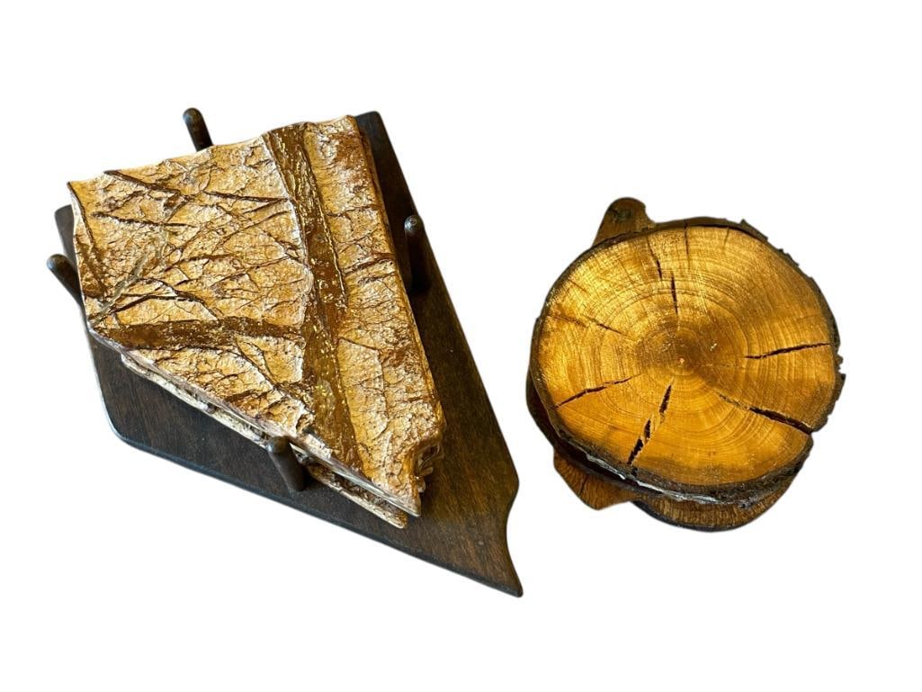 HANDCRAFTED NEVADA STATE SHAPED STONE COASTERS IN WOOD TRAY BY PW HOWARD AND SLICED WOOD COASTERS: EACH SET CONTAINS 4 PIECES, THE STONE IS BACKED BY CORK, THE WOOD SLICES ARE HANDMADE VARIOUS TYPES INCLUDING BLUE OAK 5" X 3 1/2" STONE IS LARGEST
