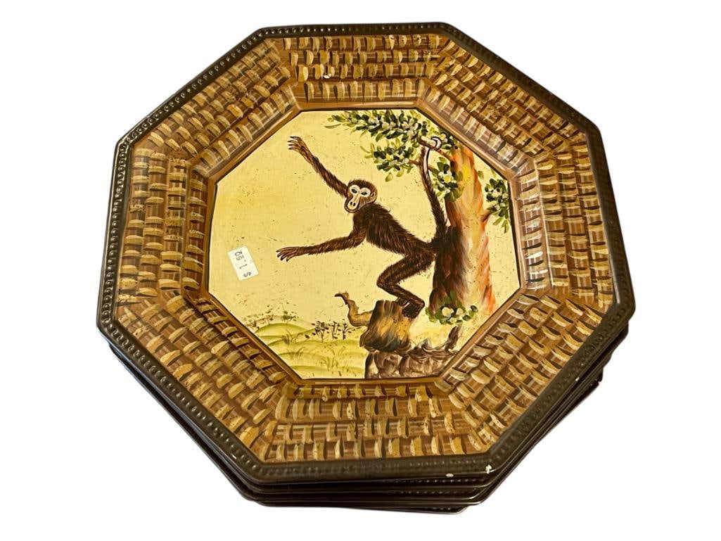 VINTAGE TOYO OCTAGON MONKEY TERRA COTTA HAND PAINTED DINNER PLATES SET OF 5: HARD TO FIND PLATES FROM THE 1970's, MADE IN CHINA, VARIOUS CHIPPING AROUND THE RIMS, PAINTED FAUX BAMBOO MOTIF1195 10" ACROSS