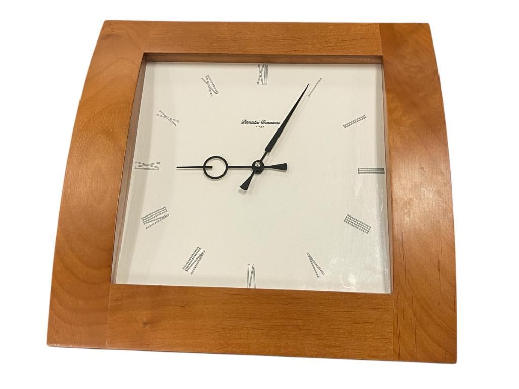 DIAMANTINI DOMENICONI SQUARE WOOD WALL CLOCK: MADE IN ITALY, CLASSIC ROMAN NUMERAL FACE, MEDIUM FINISH WOOD, NEEDS BATTERY 15 3/4" X 15 3/4" X 2"