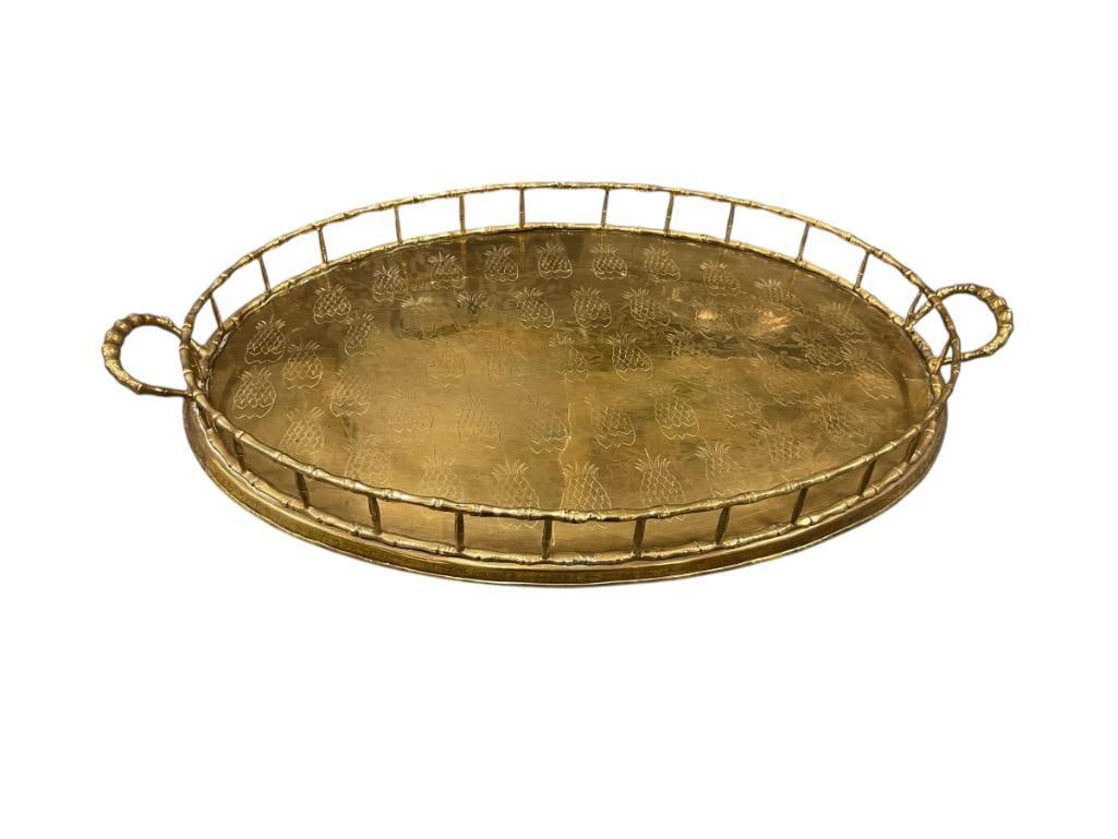 LARGE BRASS PINEAPPLE ENGRAVED BAMBOOO TRAY (1 of 8)