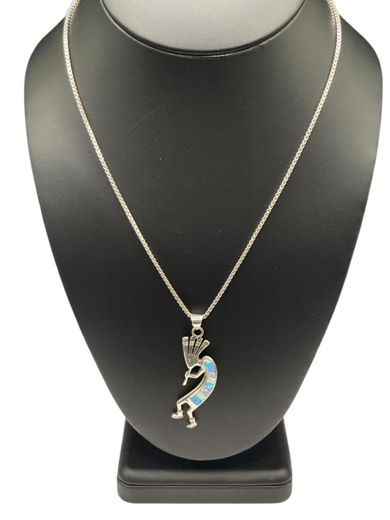 STERLING SILVER NATIVE AMERICAN KOKOPELLI DANCER INLAID OPALITE PENDANT NECKLACE: ON STERLING SILVER BOX CHAIN NECKLACE 18" NECKLACE, 2 1/8" PENDANT, 11.88 GRAMS TOTAL