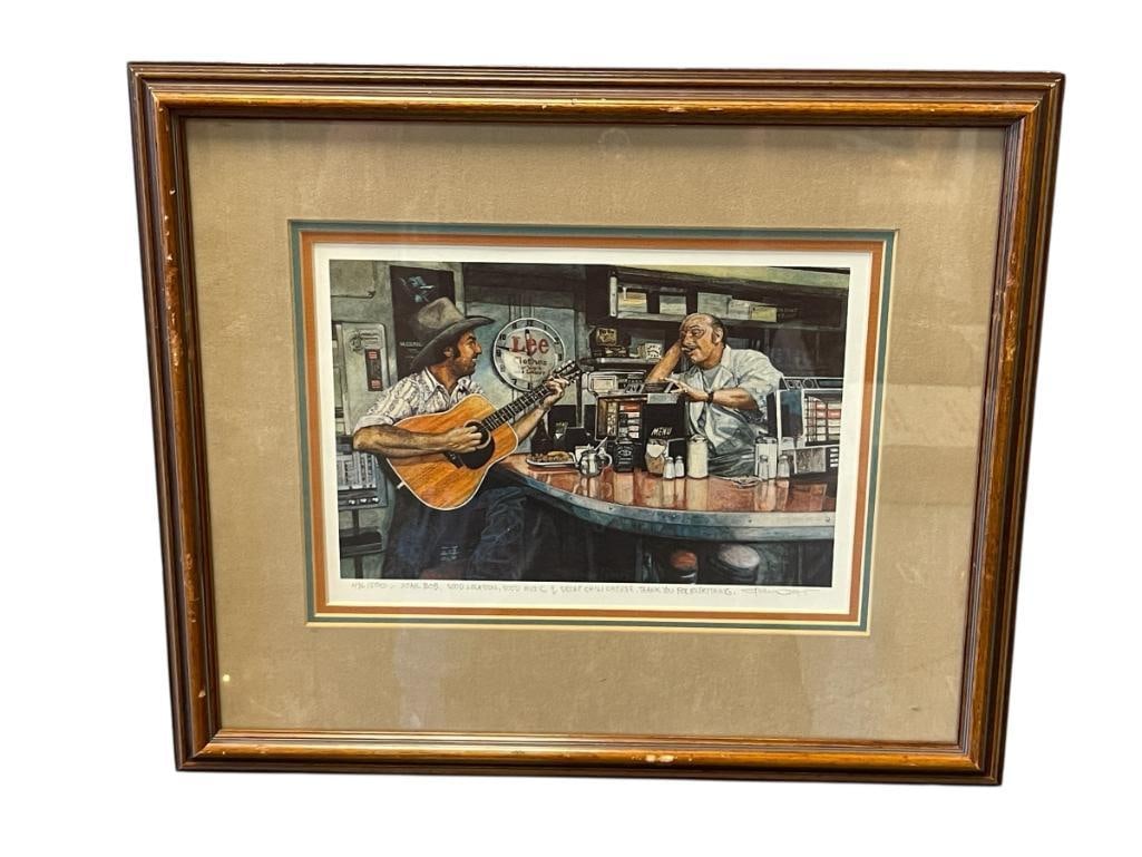 STEVEN SAYLOR NEVADA ARTIST LIMITED EDITION PERSONALIZED PRINT TITLED LANDRUMS: STEVEN SAYLOR LIMITED EDITION PERSONALIZED PRINT OF THE LANDRUM'S DINNER IN MIDTOWN RENO, NV, NO. 496/500, SIGNED LOWER RIGHT, CERTIFICATE OF AUTHENTICITY ON THE BACK, FRAMED 17" X 14"