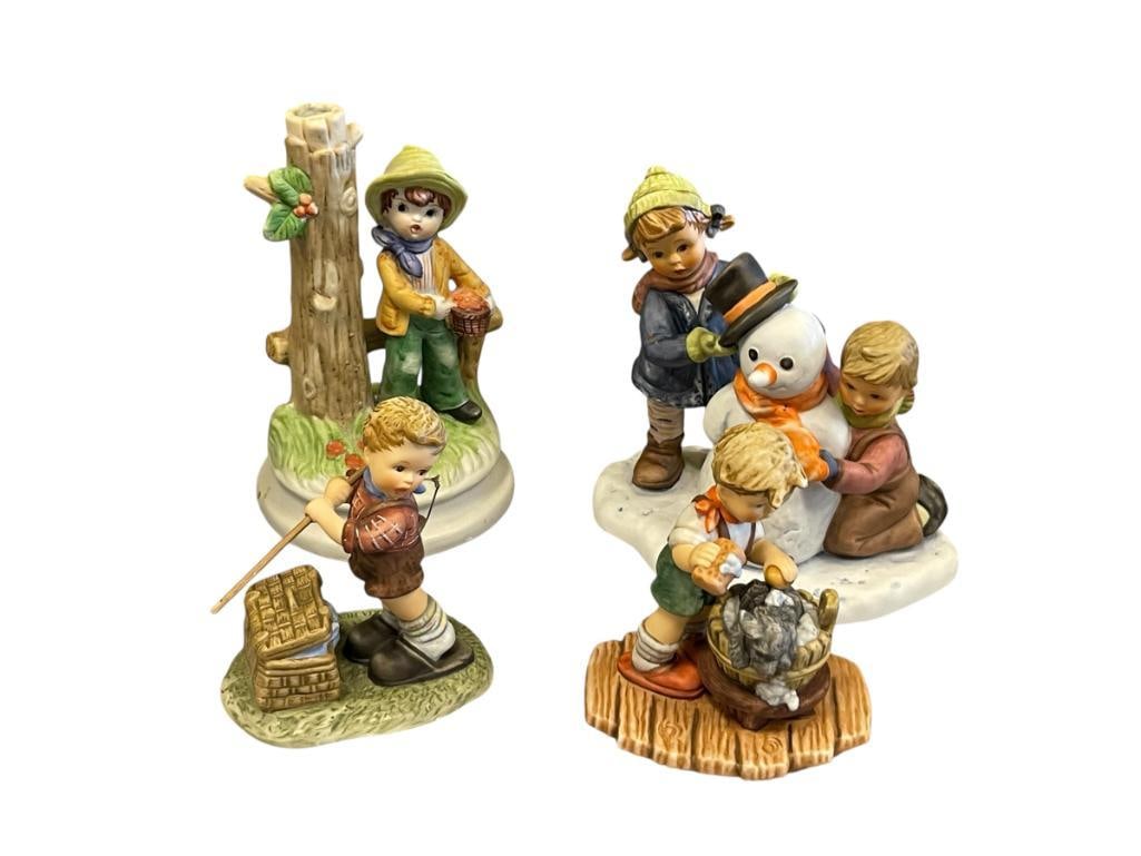 THREE 1999 GOEBEL PORCELAIN FIGURINES CROWNING TOUCH, A GOOD SCRUBBING,A ND FISHING FOR TROUBLE: EACH GOEBEL FIGURE IS MARKED ON THE BOTTOM WITH DATE, NAME OF THE FIGURINE,AND FIGURINE NUMBER, PLUS WIND-UP MISICAL HUMMEL LIKE PORCELAIN FIGURINE 4" UP TO 6 3/8" H 