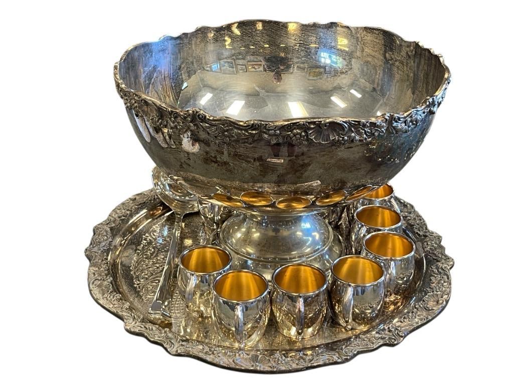 VINTAGE 20TH CENTURY SILVER PLATE PUNCHBOWL WITH CUPS, LADDLE, AND UNDERPLATE (1 of 20)