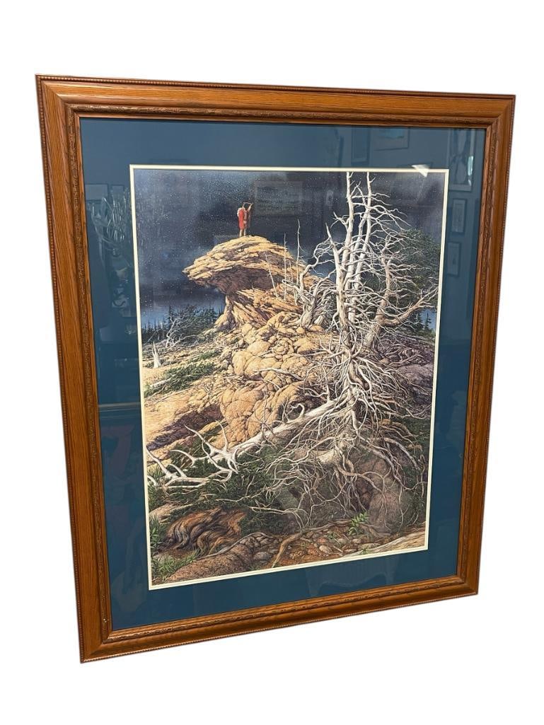BEV DOOLITTLE WILDLIFE AND NATIVE AMERICAN ARTIST LIMITED EDITION PRINT PRAYER FOR THE WILD THINGS: BEV DOOLITTLE RENOWN ARTIST FOR HIDDEN THEME ART WORK, ART DEPICTS NATIVE AMERICAN MAN STANDING ON A CLIFF HOLDING UP A PEACE PIPE, SIGNED LOWER RIGHT, NO. 12481/65000, GREENWICH WORKSHOP PUBLISHER, A