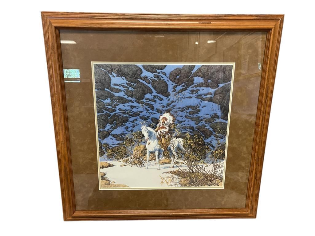BEV DOOLITTLE LIMITED EDITION PRINT TITLED EAGLE HEART NO. 9255/48000: BEV DOOLITTLE KNOWN FOR HER HIDDEN THEME ART WORK, LIMITED EDITION PRINT DEPICTS NATIVE AMERICAN MAN ON HORSEBACK WITH LARGE HEADDRESS, WINTER SCENE, SIGNED LOWER LEFT, PUBLISHED BY THE GRENWICH WORKS