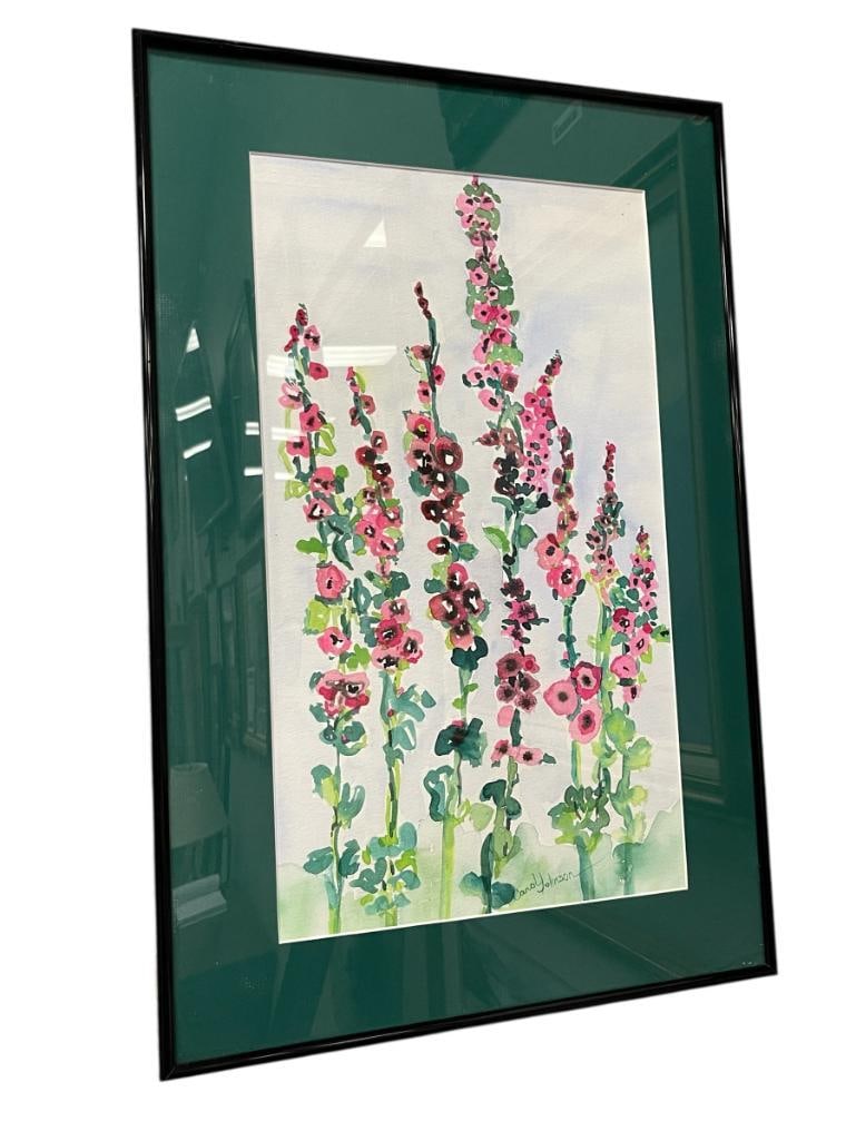 CAROL JOHNSON NEVADA ARTIST ORIGINAL WATERCOLOR ON PAPER OF HOLLYHOCKS FLOWERS (1 of 9)