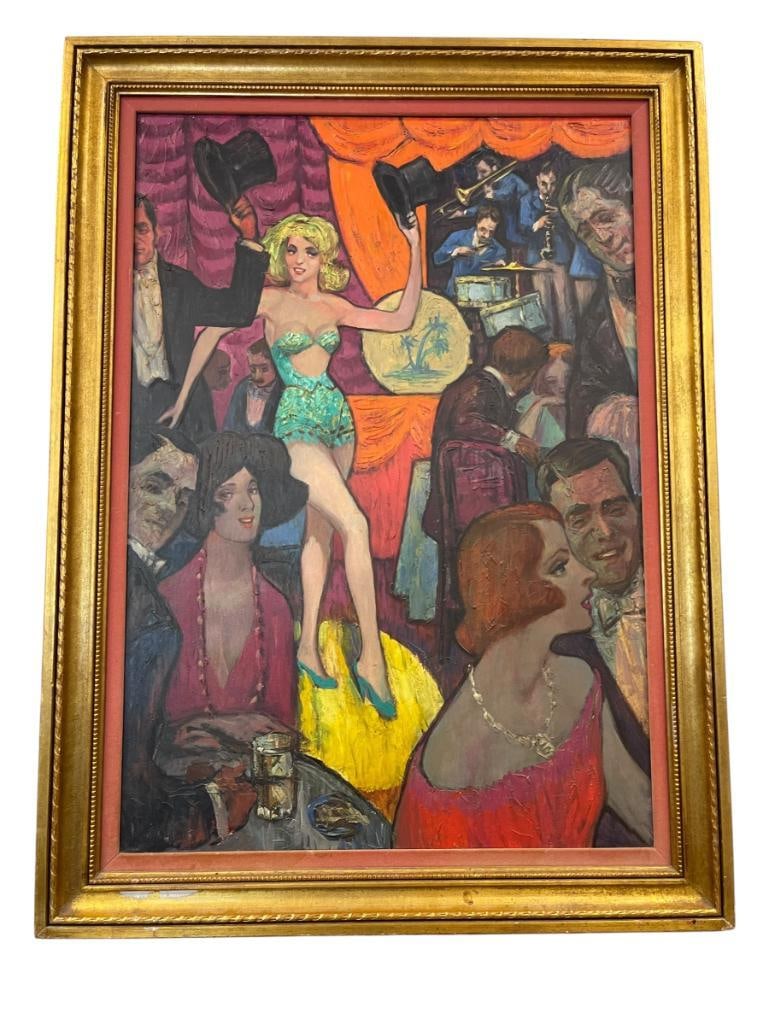 VINTAGE ORIGINAL OIL ON BOARD PAINTING OF VIRGINIA CITY'S COMSTOCK SALOON WITH PROMINENT FIGURE: DEPICTS PROMINENT MALE FIGURE AT TABLE WITH HIS WIFE AND HIS MISTRESS PERFORMING, JAZZ BAND IN BACKGROUND, IN GILT WOOD FRAME, NO SIGNATURE PRESENT UNLESS UNDER FRAMING, VIBRANT COLORS 35" X 47"
