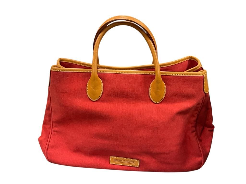 DOONEY & BOURKE RED CANVAS AND LEATHER TRIM FASHION DESIGNER BAG: 13" X 6" X 9"