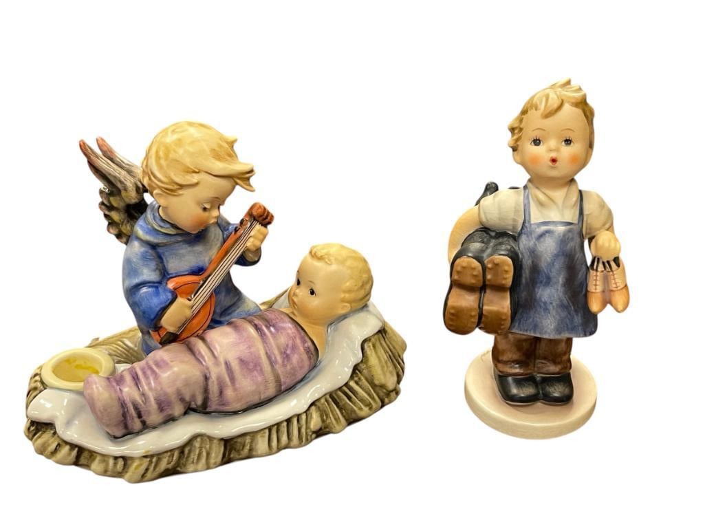 GOEBEL HUMMEL FIGURINES LULLABY CANDLEHOLDERS 24/111 AND BOOTS 143/1 TMK. 5: GOEBEL HUMMEL HAND PAINTED FIGURINES MADE IN GERMANY 8" H AND 6 3/4" H