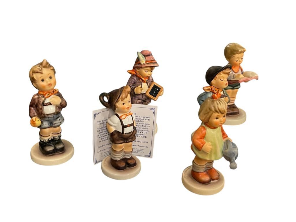 GOEBEL HUMMEL EXCLUSIVE FIGURINES: ONE PLUS ONE 556, CHEEKY FELLOW 554, HONOR STUDENT 2087/B, NATURE'S GIFT 729, LUCKY FELLOW 560, AND FOR KEEPS 630, EACH IS MARKED ON THE BOTTOM 3 1/4" UP TO 4" H