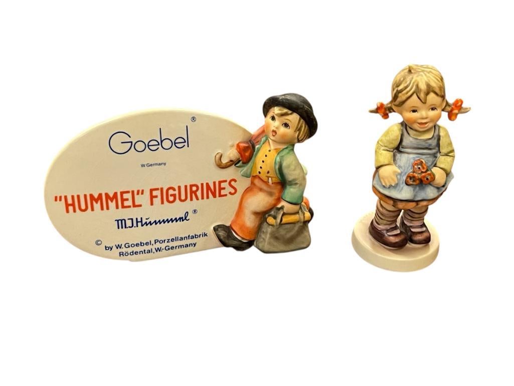 TWO SIGNED GOEBEL HUMMEL FIGURINES FLOWER GIRL 548 AND MERRY WANDERER 187/A PLAQUE: EACH IS MARKED AND SIGNED ON THE BOTTOM BY ARTIST, ONE IS AN EXCLUSIVE MEMBER FIGURE 4 1/2" AND 5 1/2"